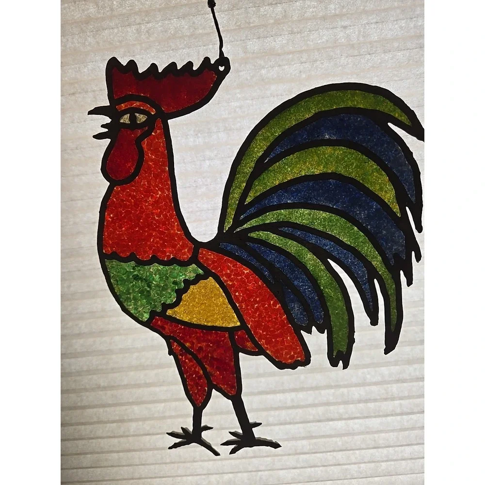 Rooster Stained Glass Window Panel Sun‎ Catcher Chiken Hanging Decor Farmhouse